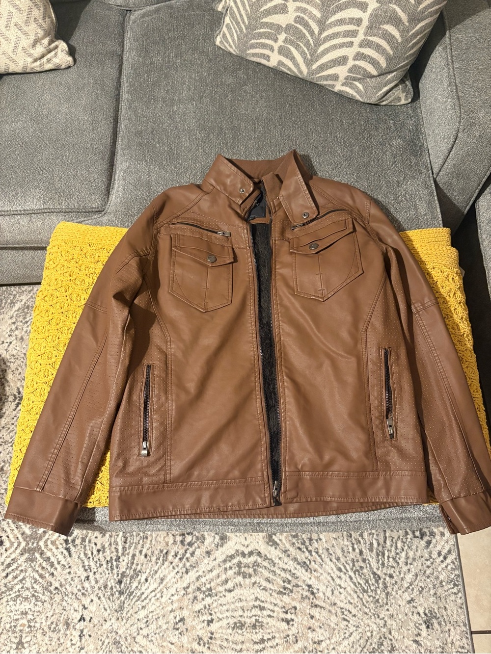 Men's Brown Faux Leather Bomber Jacket - Classic Casual